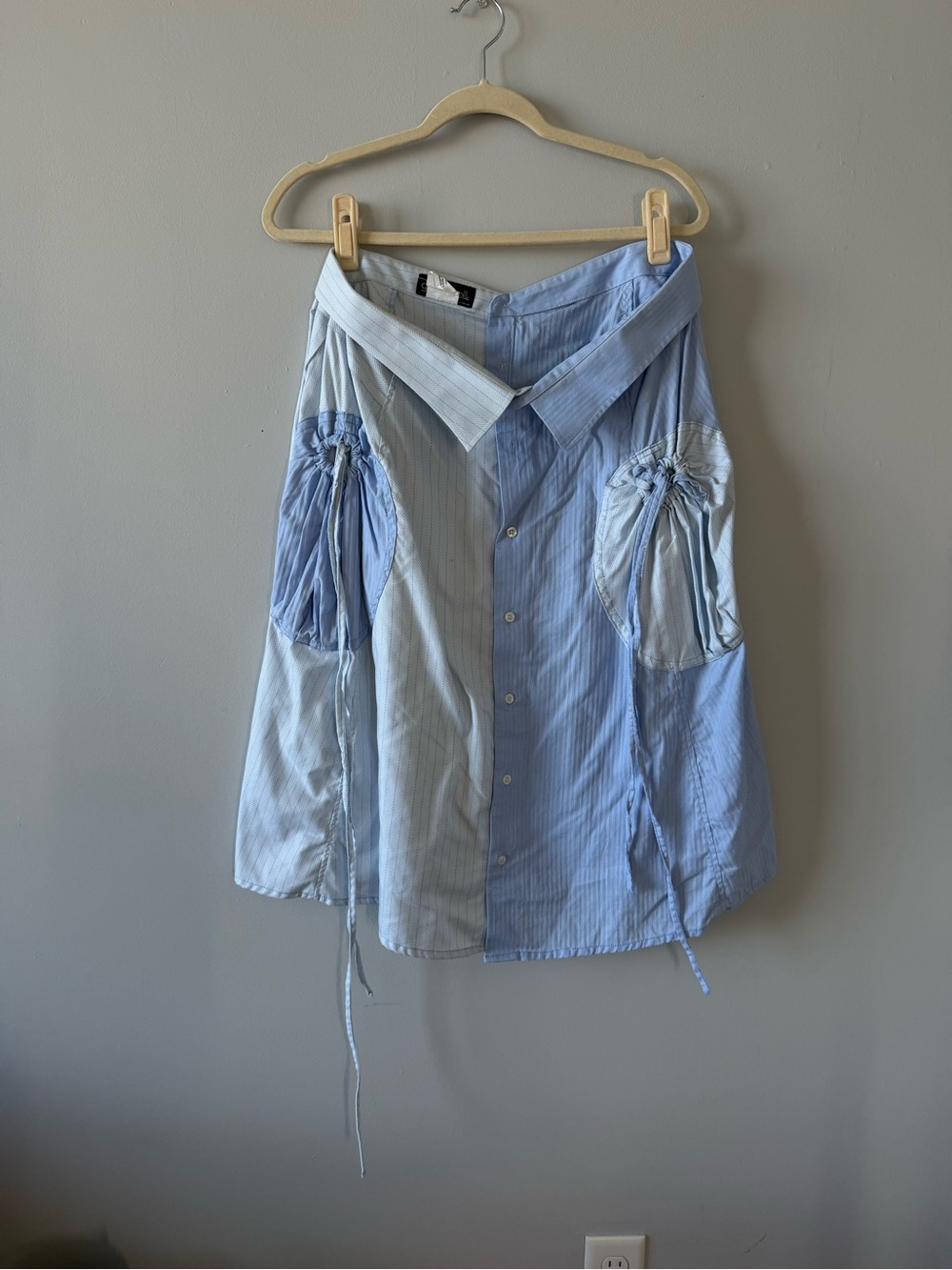 Goodbye Folk Upcycled Vintage Button-Up Mixed Blue Pinstripe Midi Skirt